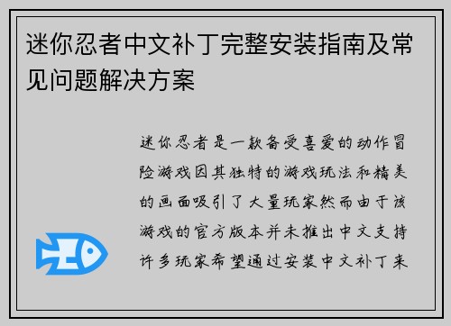迷你忍者中文补丁完整安装指南及常见问题解决方案